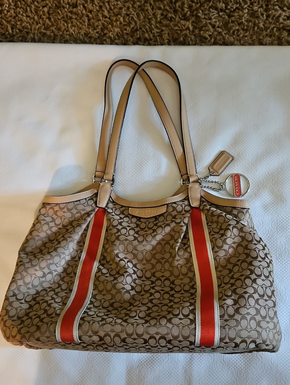 Coach Brown Signature Devin Tote with Orange Stripe
